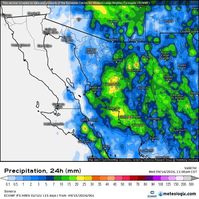 Hermosillo mantiene 45% de probabilidad de lluvia; prevén tormentas y actividad eléctrica durante la noche