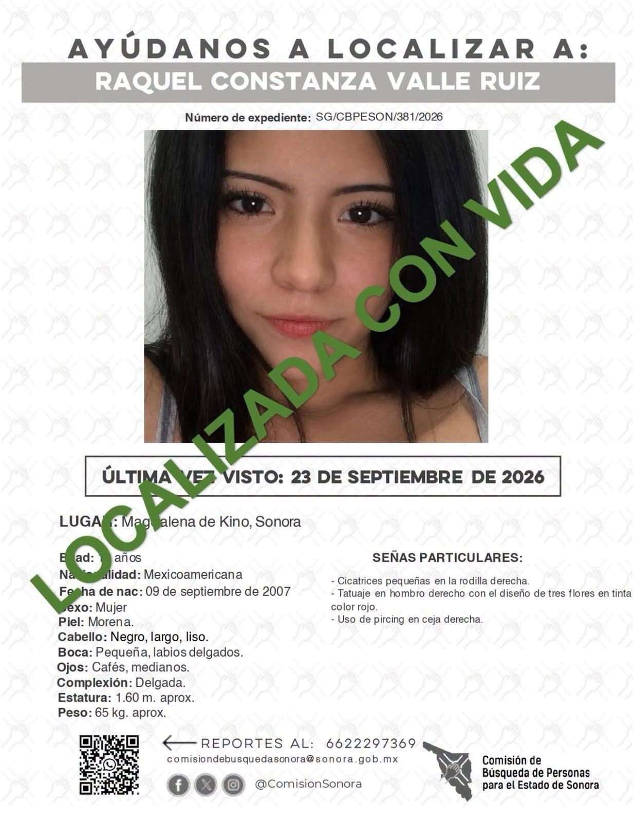 Localizan sana y salva a joven de 19 años reportada como desaparecida en Magdalena de Kino