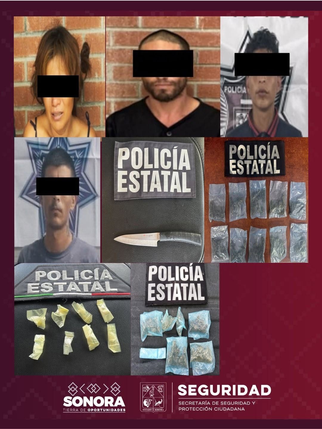 Detiene Policía Estatal a cuatro personas y asegura narcótico y un arma prohibida en Hermosillo 