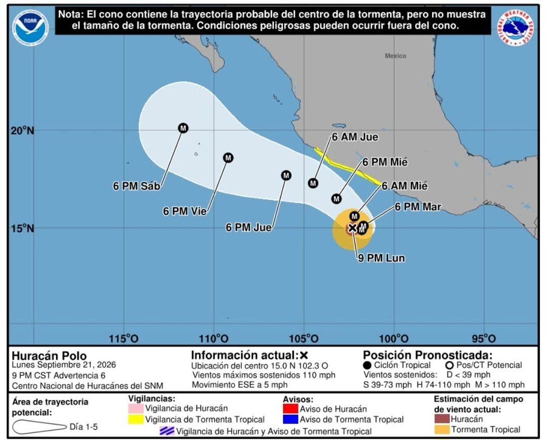Huracán Polo se fortalece a categoría 5 con vientos de 285 km/h; mantiene amenaza de lluvias intensas en el Pacífico mexicano