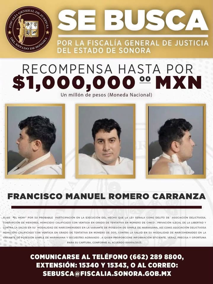 Fiscalía de Sonora ofrece recompensa de hasta un millón de pesos por cada uno de los tres reos fugados del Cereso Hermosillo Dos