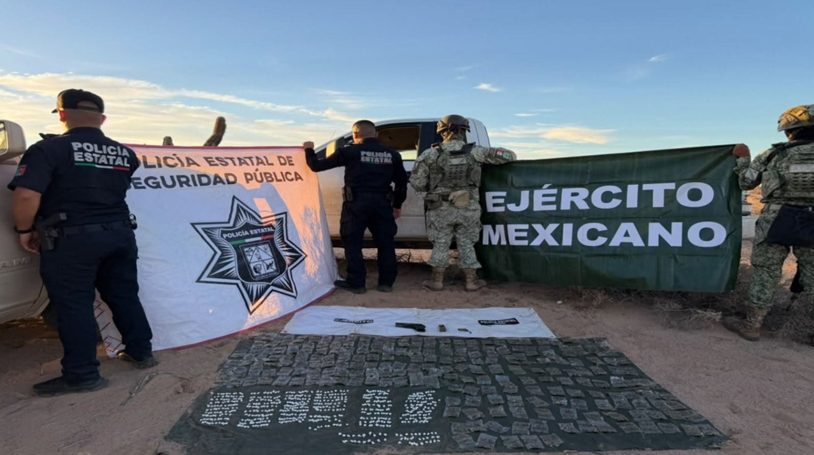 Operativo coordinado de PESP y Defensa asegura narcótico y arma en Caborca