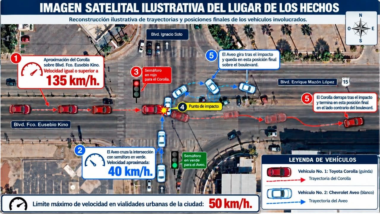 Corolla iba a más de 135 km/h y habría pasado el semáforo en rojo en choque que dejó cuatro muertos en Hermosillo
